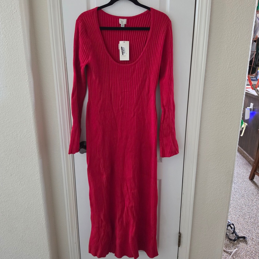 A New Day Red Ribbed Knit Long Sleeve Scoop Neck Maxi Sweater Dress Large NWT